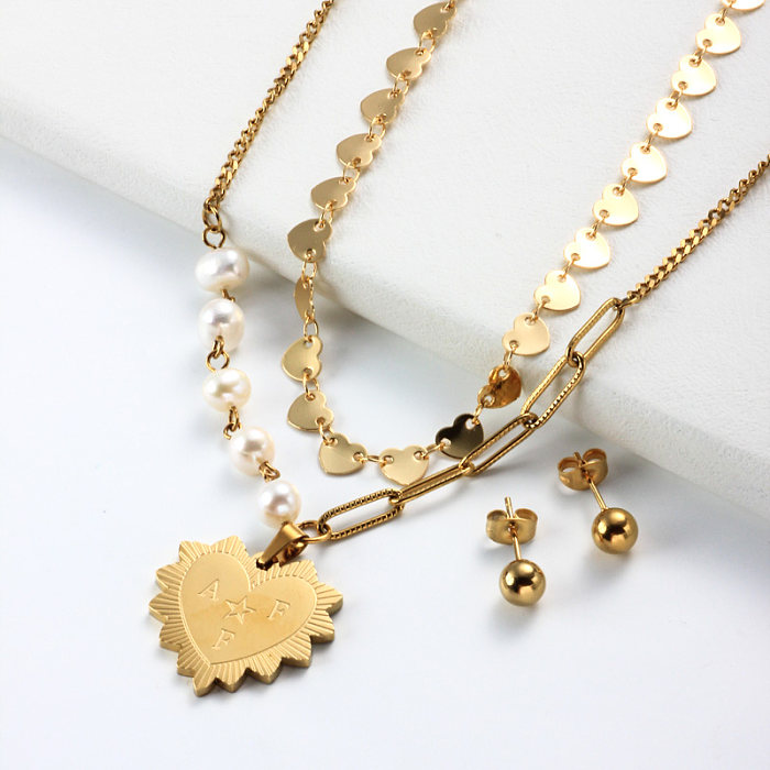 Conjuntos De Collar Con Capas De Perlas De Corazón Chapado En Oro De 18k -SSCSG142-31974