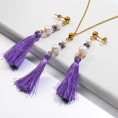 Stainless Steel Pearl Beaded Tassel Pendant Necklace Sets -SSCSG142-32131