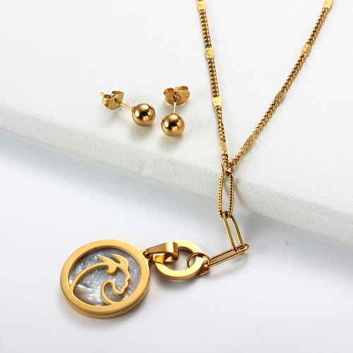 Conjuntos de collar con colgante de madreperla del zodiaco chapado en oro de 18k -SSCSG142-31972