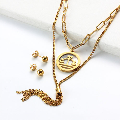 18k Gold Plated Zodiac Mother pearl Pendant Multi Layered Necklace Sets -SSCSG142-31961