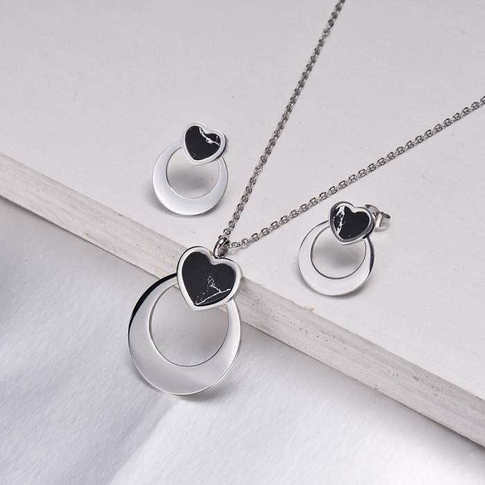 Stainless Steel Black Onyx Heart Jewelry Sets -SSCSG143-32640
