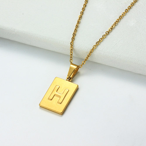 Collar con letra inicial rectangular personalizado chapado en oro de 18 k SSNEG143-32443
