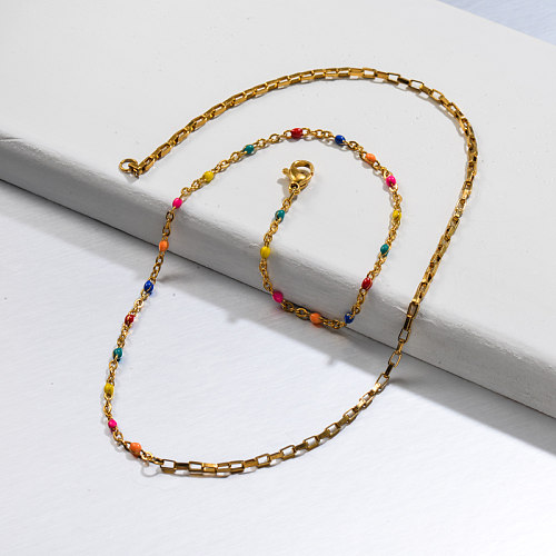 Stainless Steel Multi Color Beaded Chain Necklace -SSNEG142-32140