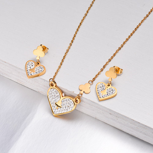 18k Gold Plated Crystal Heart Necklace Earrings Sets -SSCSG143-11003