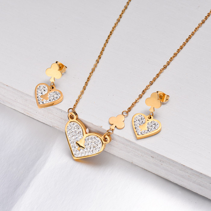 Conjuntos de brincos de colar de coração de cristal folheado a ouro 18k -SSCSG143-11003