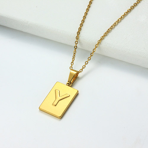 Collar con letra inicial rectangular personalizado chapado en oro de 18 k SSNEG143-32460