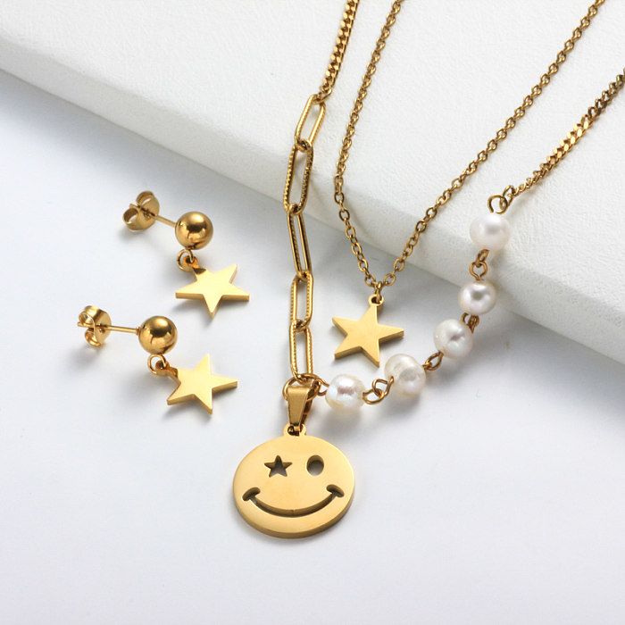 Stainless Steel Smile Star Pearl Layered Necklace Sets -SSCSG142-31967