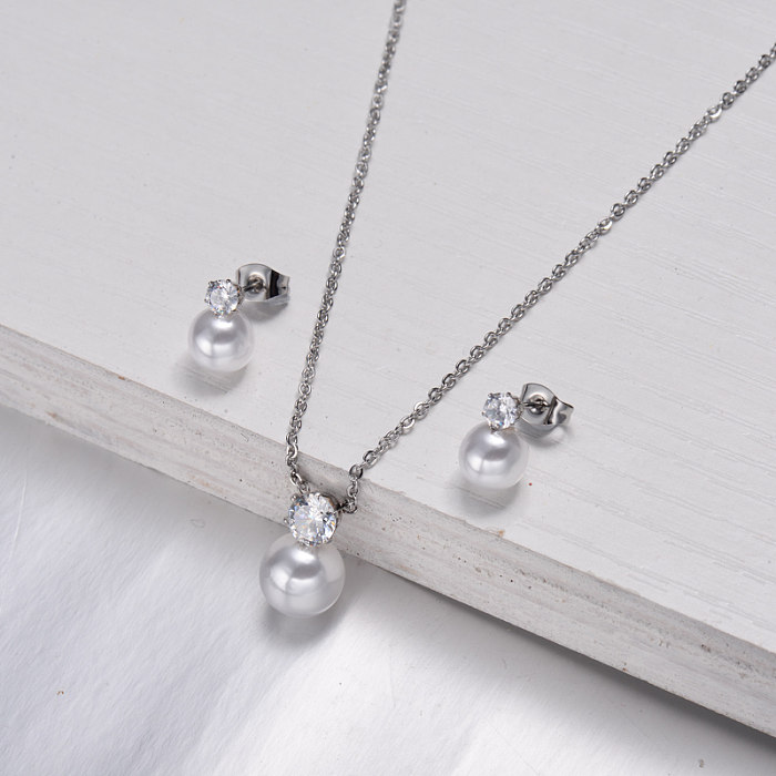 Conjuntos de joyas de perlas de circón de acero inoxidable -SSCSG143-11349