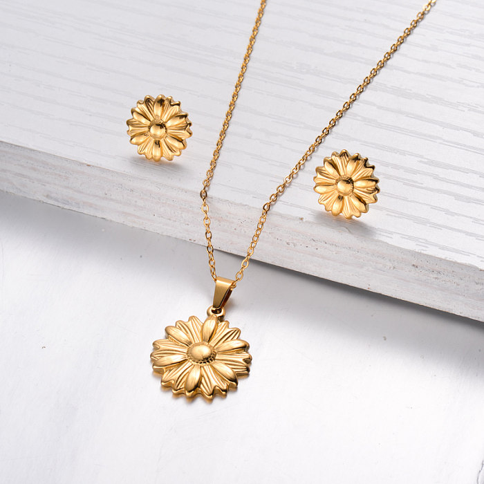 18k Gold Plated Sunflower Necklace Earrings Sets -SSCSG143-32467
