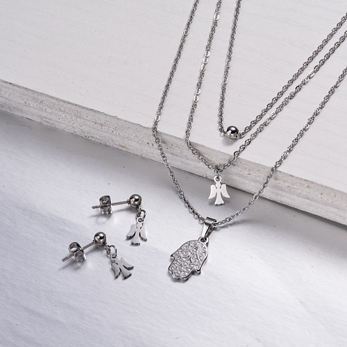 Stainless Steel Dainty Angle Hamsa Hand Layered Necklace Sets-SSCSG143-32997