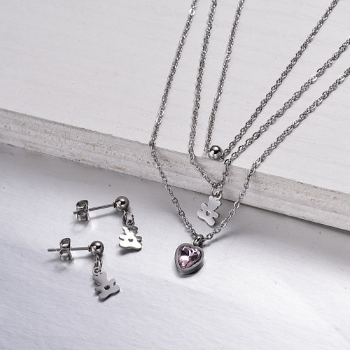 Stainless Steel Dainty Bear Heart Layered Necklace Sets-SSCSG143-32994