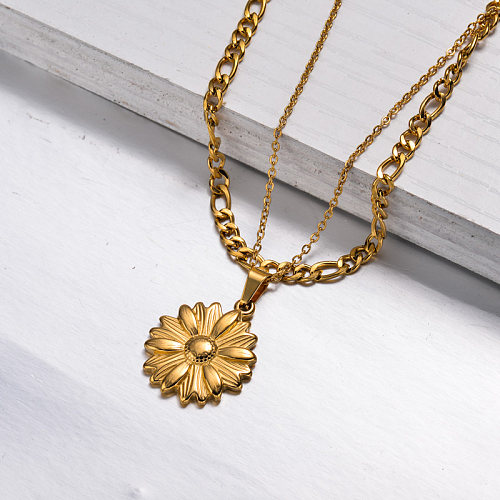18k Gold Plated Sunflower Double Layer Necklace -SSNEG143-33011