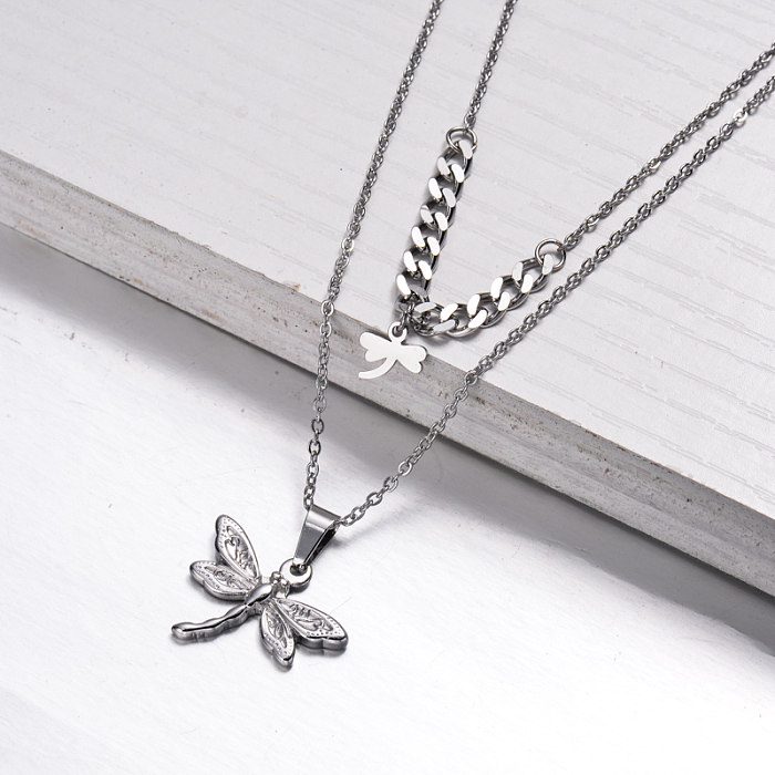Stainless Steel Dragonfly Layered Necklace -SSNEG143-33026