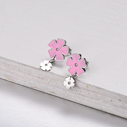 Stainless Steel Pink Flower Drop Earrings -SSEGG143-32864