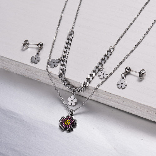 Stainless Steel Dainty Flower Layer Necklace Sets-SSCSG143-32998
