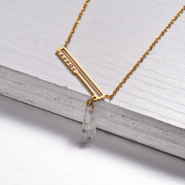 18k Gold Plated Crystal Bar Pendant Necklace -SSNEG143-32892