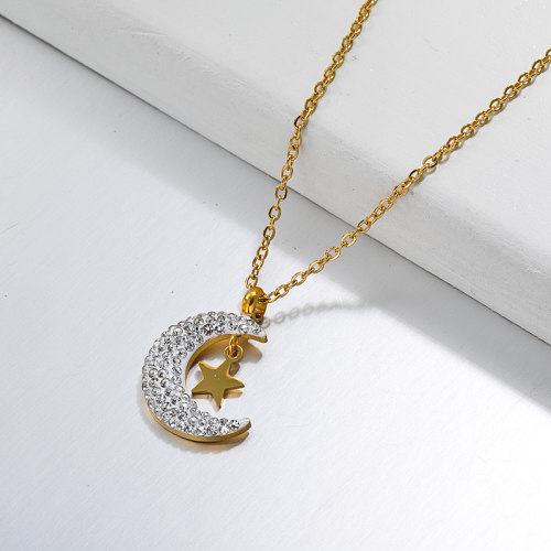 18k Gold Plated Moon Star Pendant Necklace -SSNEG143-32779