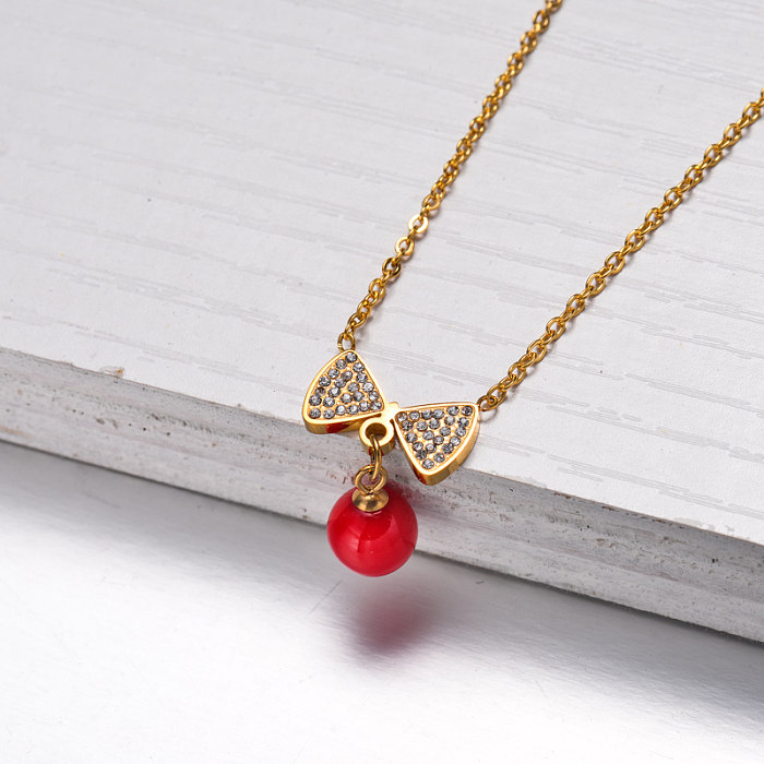 Collier Pendentif Ruban Rouge Plaqué Or 18 Carats -SSNEG143-32831