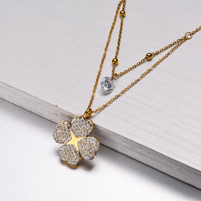 18k Gold Plated Flower CZ Zircon Layered Necklace -SSNEG143-32841