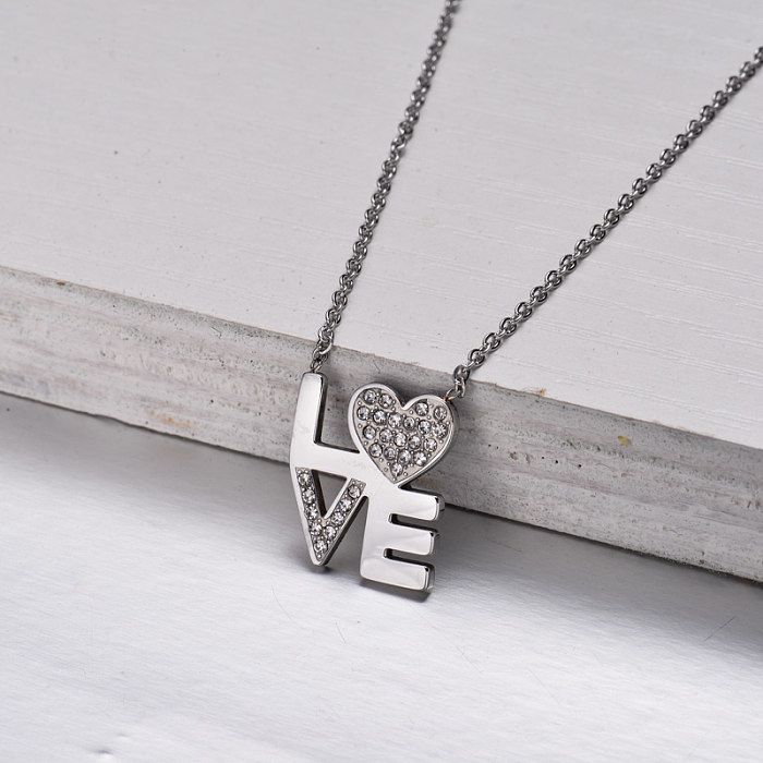Stainless Steel Crystal Love Pendant Necklace -SSNEG143-32844