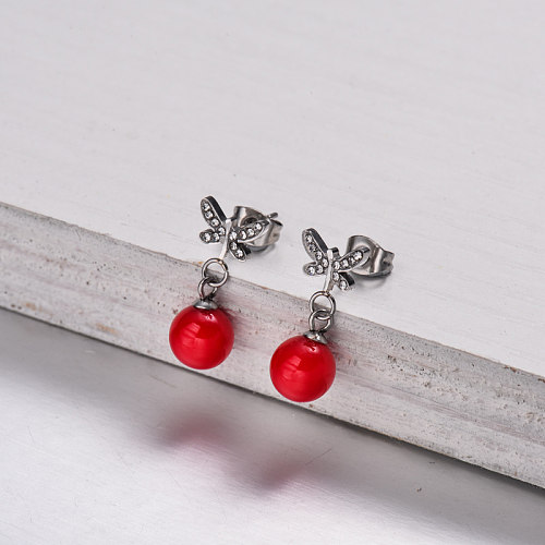 Stainless Steel Dragonfly Red Drop Earrings -SSEGG143-32872
