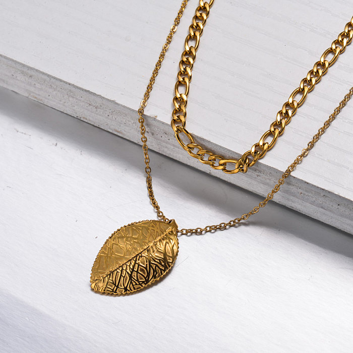 18k Gold Plated Leaf Double Layer Necklace -SSNEG143-33012
