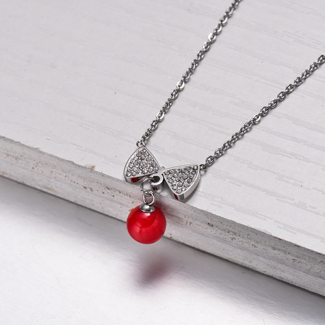 Stainless Steel Red Ribbon Pendant Necklace -SSNEG143-32832