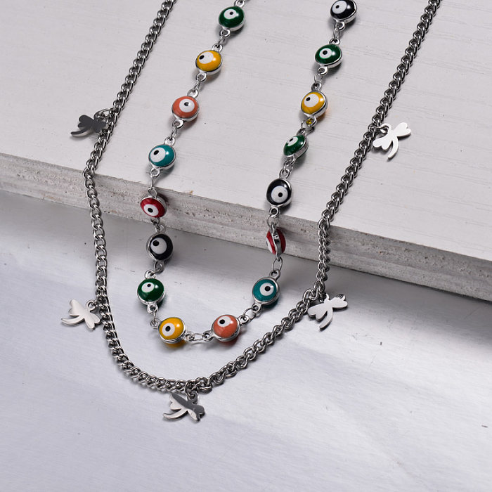 Stainless Steel Evil Eye Link Chain Layered Necklace -SSNEG143-32983