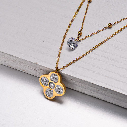 18k Gold Plated Flower CZ Zircon Layered Necklace -SSNEG143-32829