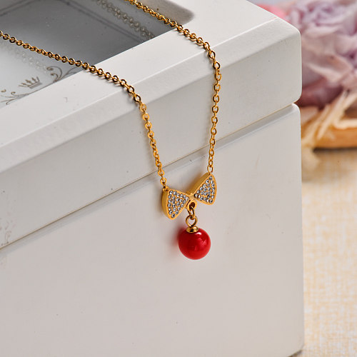 18k Gold Plated Red Ribbon Pendant Necklace -SSNEG143-32831