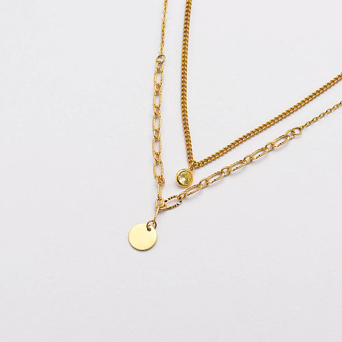 gold plated stainless steel round charm  layer necklace-SSNEG142-33669