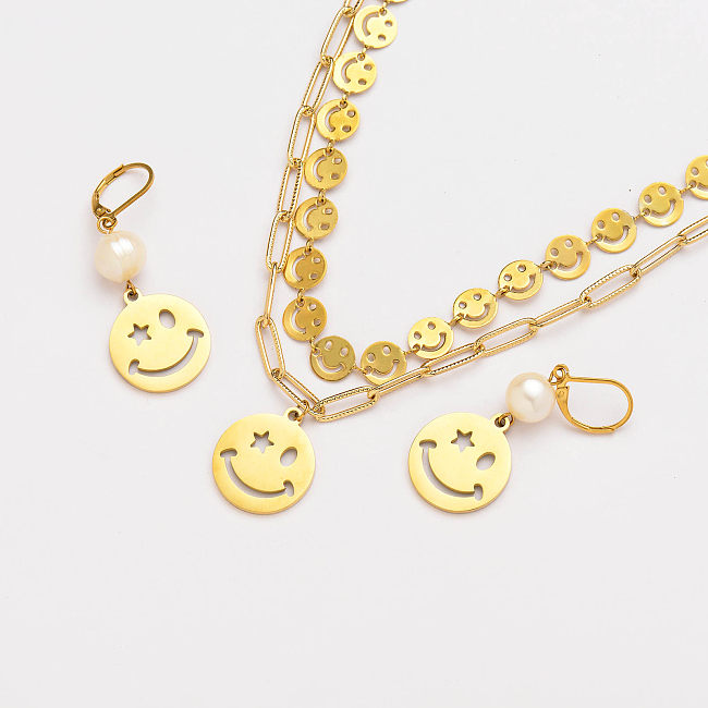 stainless steel smile pendant with pearl necklace earrings set-SSCSG142-33716