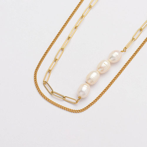 18k Gold Plated Snake Chain Pearl Necklace -SSNEG142-33764