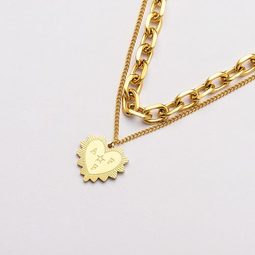 18K Gold Plated Multi Layer Necklace Heart Necklace -SSNEG142-33760