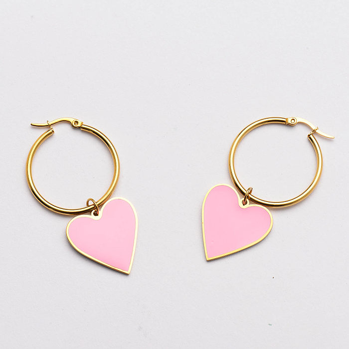 pink enamel heart pendant hoop earrings-SSEGG142-33693