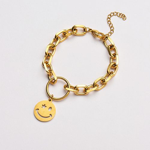 gold plated stainless steel smile charm statement bracelet-SSBTG142-33625