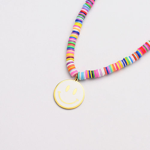 colorful silicone beaded with white enamel smile pendant necklace-SSNEG142-33659