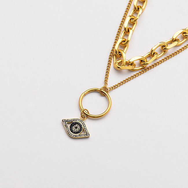 18k Gold Plated Multi Layer Necklace Evil Eye Necklace -SSNEG142-33739