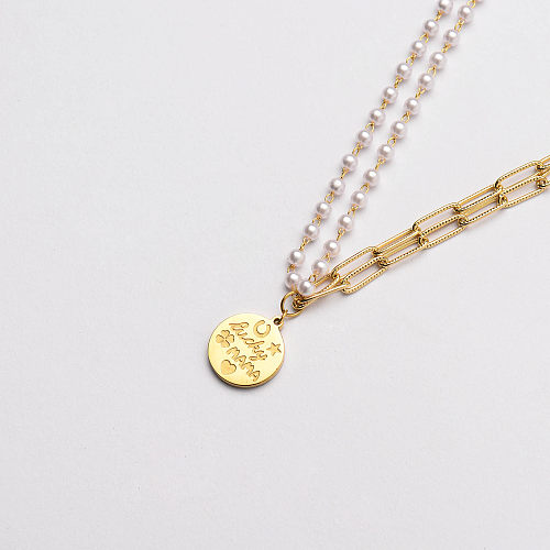 gold plated stainless steel round pendant with pearl chain necklace-SSNEG142-33712