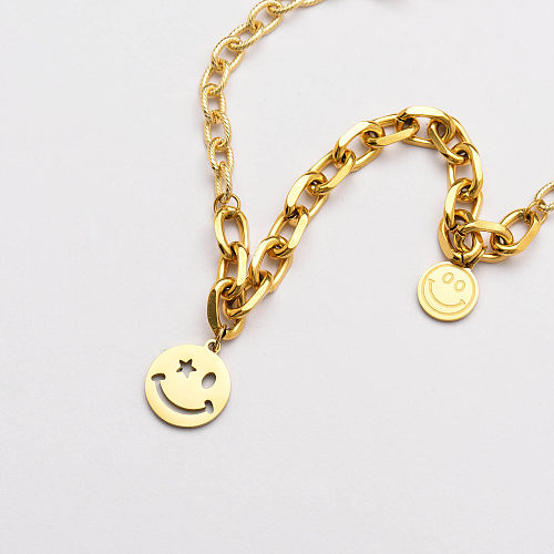 18k Gold Plated Cuban Chain Smile Pendant Necklace -SSNEG142-33759