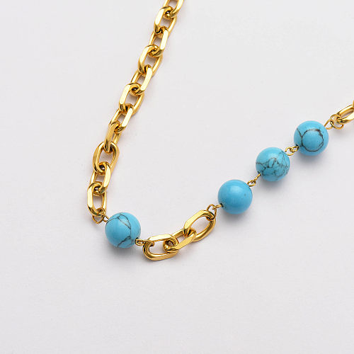 Collier de perles turquoises chaîne cubaine plaqué or 18 carats - SSNEG142-33755