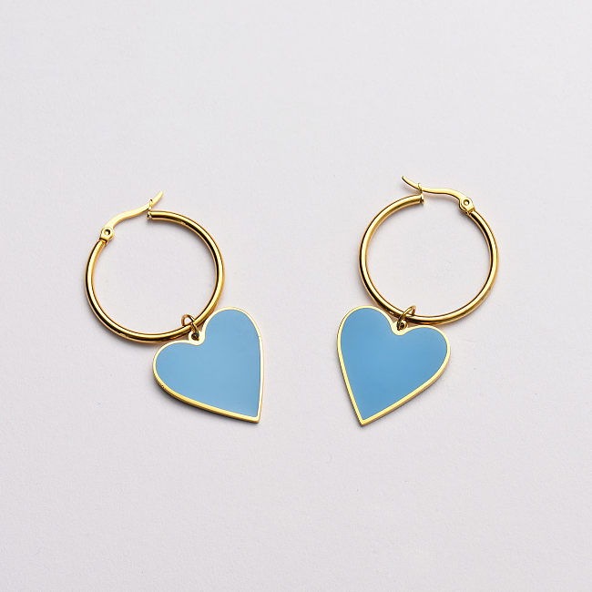 blue enamel heart pendant hoop earrings-SSEGG142-33690