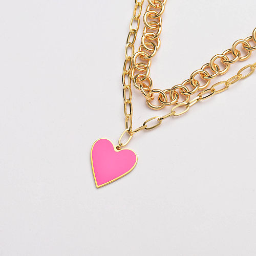 gold stainless steel pink heart pendant chunky chain layer necklace-SSNEG142-33651