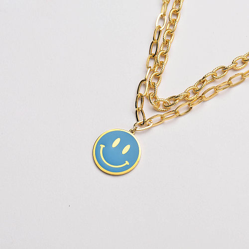 stainless steel blue enamel smile pendant double chain statement necklace-SSNEG142-33644