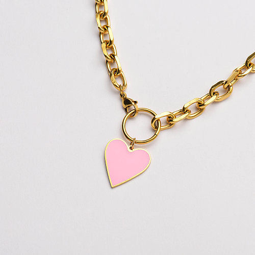 gold plated chunky chain with pink heart statement necklace-SSNEG142-33631