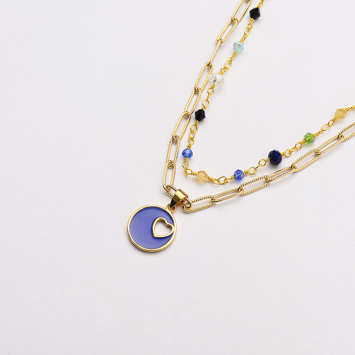 pédant rond bleu cuivre à la mode avec collier de couches de perles colorées-SSNEG142-33711