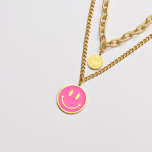 gold stainless steel smile pendant layer necklace-SSNEG142-33646