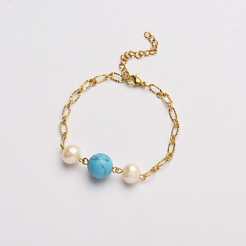 turquoise round charm with natural pearl bracelet-SSBTG142-33629