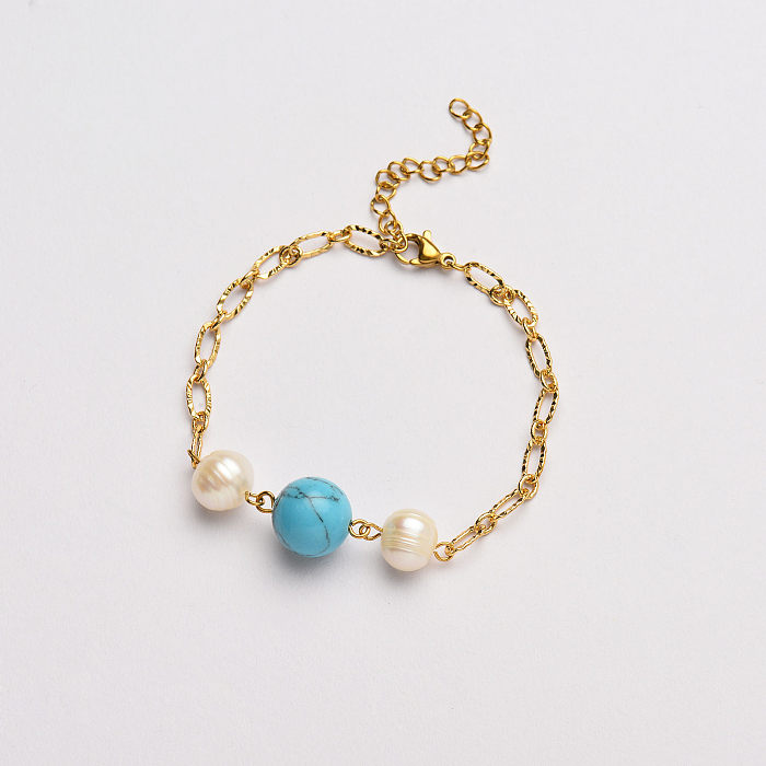 charme rond turquoise avec bracelet en perles naturelles-SSBTG142-33629
