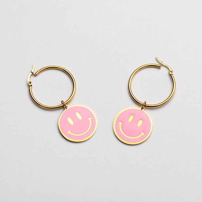 pink enamel smile pendant hoop earrings-SSEGG142-33689